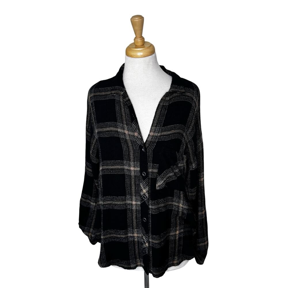 BELLA DAHL Style B4925 Oversized Boyfriend Plaid Button Up Shirt Black SMALL